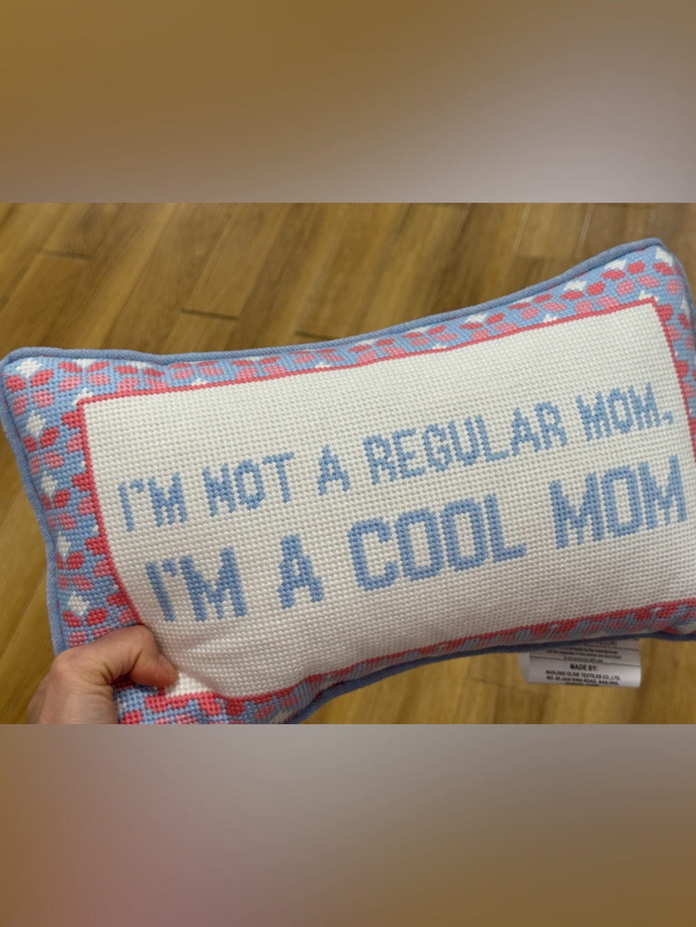 Embroidered Needlepoint Pillow — Pink & Light Blue